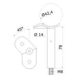Držiak madla ø 42,4 mm, 45° uhol, M8, brúsená AISI 304 Držiak madla ø 42,4 mm, 45° uhol, M8, brúsená AISI 304